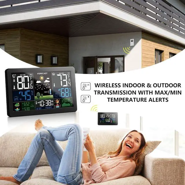 Alt view image 4 of 7 - Weather Station Wireless Indoor Outdoor Thermometer with 3 Remote Sensors and Color Display Atomic Clock, Weather Thermometer Forecast Station with Sunrise Sunset Time and Tide Level