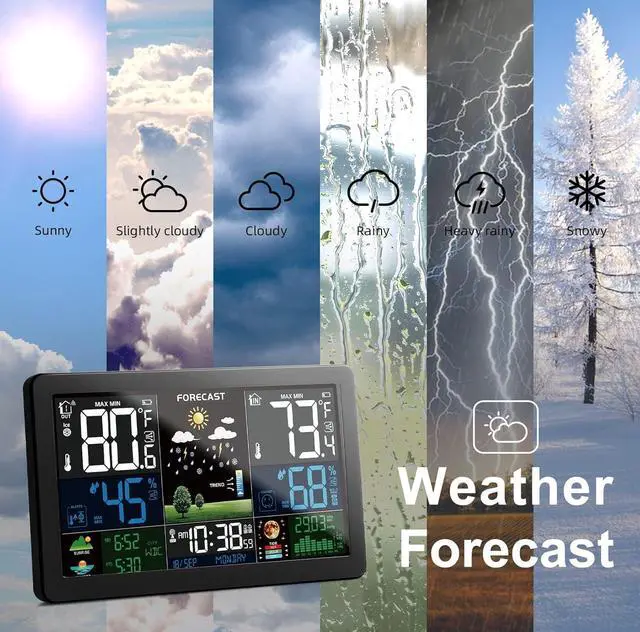 Alt view image 6 of 7 - Weather Station Wireless Indoor Outdoor Thermometer with 3 Remote Sensors and Color Display Atomic Clock, Weather Thermometer Forecast Station with Sunrise Sunset Time and Tide Level