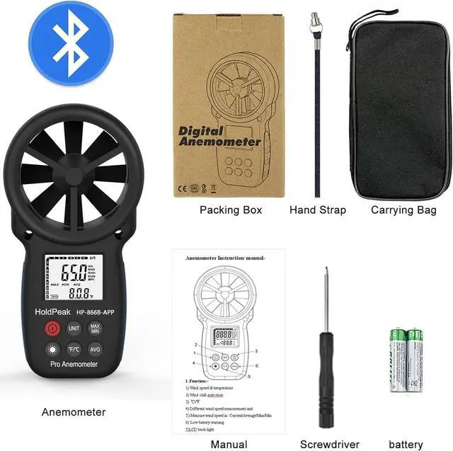 Alt view image 7 of 7 - Handheld Anemometer Bluetooth, Digital Wind Speed Gauge Meter, Air Flow Velocity Temperature CFM Measuring Device for HVAC Outdoor Sailing Shooting Golf, 866B-APP