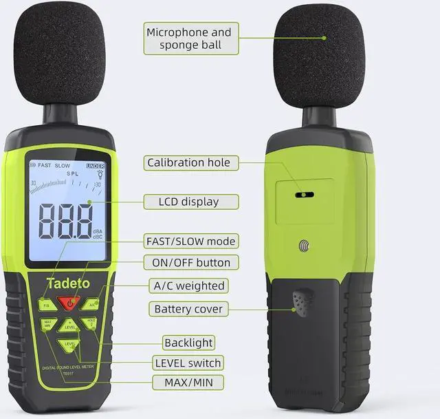 Alt view image 2 of 7 - Tadeto Digital Sound Level Meter Portable SPL Meter 30dB to 130dB(5 Measurement Range) Backlight LCD Display, MAX/MIN Noise Measurement, Audible and Visual Alarms,Data Hold, A/C Mode