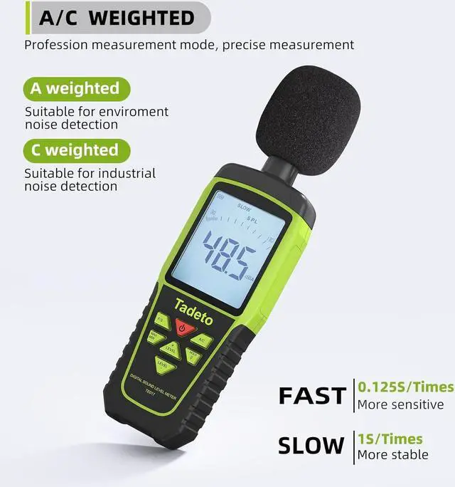 Alt view image 4 of 7 - Tadeto Digital Sound Level Meter Portable SPL Meter 30dB to 130dB(5 Measurement Range) Backlight LCD Display, MAX/MIN Noise Measurement, Audible and Visual Alarms,Data Hold, A/C Mode