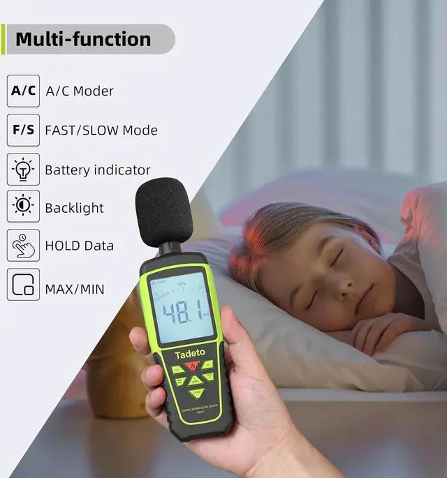 Alt view image 6 of 7 - Tadeto Digital Sound Level Meter Portable SPL Meter 30dB to 130dB(5 Measurement Range) Backlight LCD Display, MAX/MIN Noise Measurement, Audible and Visual Alarms,Data Hold, A/C Mode
