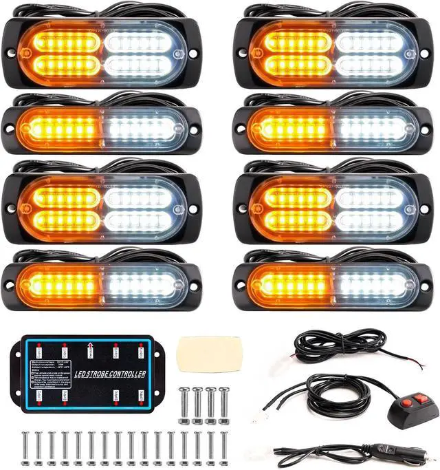 Main image of 8-pcs Sync Feature LED Emergency Strobe Lights Ultra Slim Grille Surface Mount Flashing Warning Hazard Light Bar w/Controller for Construction, Firefighter, Trucks, Vehicles, Car (Amber/White)