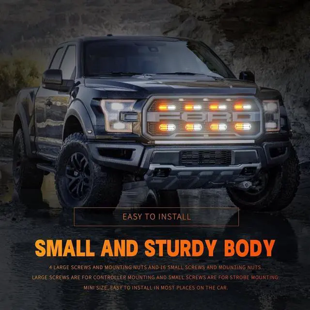 Alt view image 2 of 7 - 8-pcs Sync Feature LED Emergency Strobe Lights Ultra Slim Grille Surface Mount Flashing Warning Hazard Light Bar w/Controller for Construction, Firefighter, Trucks, Vehicles, Car (Amber/White)