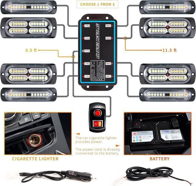 Alt view image 3 of 7 - 8-pcs Sync Feature LED Emergency Strobe Lights Ultra Slim Grille Surface Mount Flashing Warning Hazard Light Bar w/Controller for Construction, Firefighter, Trucks, Vehicles, Car (Amber/White)