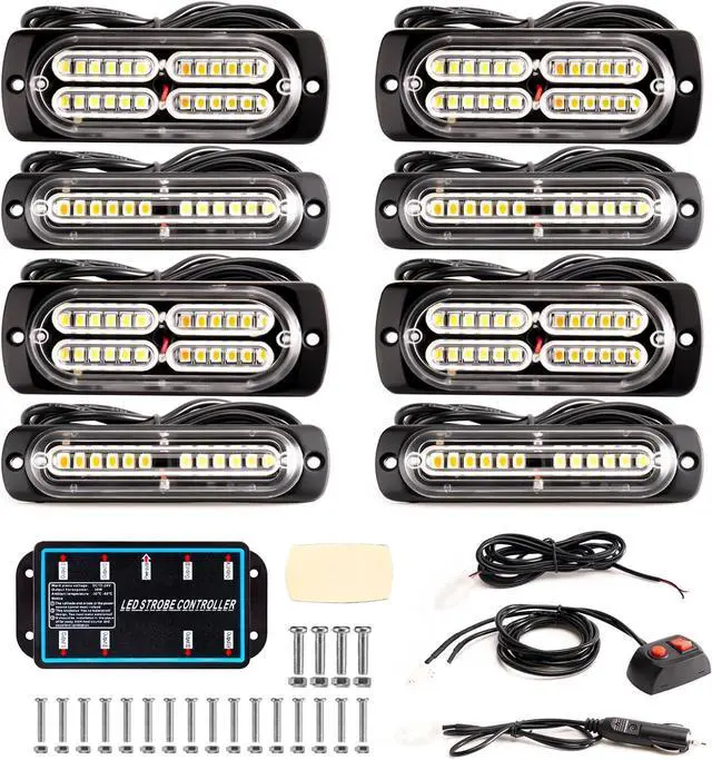 Alt view image 7 of 7 - 8-pcs Sync Feature LED Emergency Strobe Lights Ultra Slim Grille Surface Mount Flashing Warning Hazard Light Bar w/Controller for Construction, Firefighter, Trucks, Vehicles, Car (Amber/White)