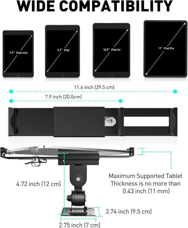 Alt view image 2 of 7 - Tablet Wall Mount - Fits 7 to 11 Inch Tablets Including iPad, Galaxy Tab, Slate, Fire and More-Anti Theft Security Lock and Key - Articulating Swivel Holder for Portrait and Landscape(Black)
