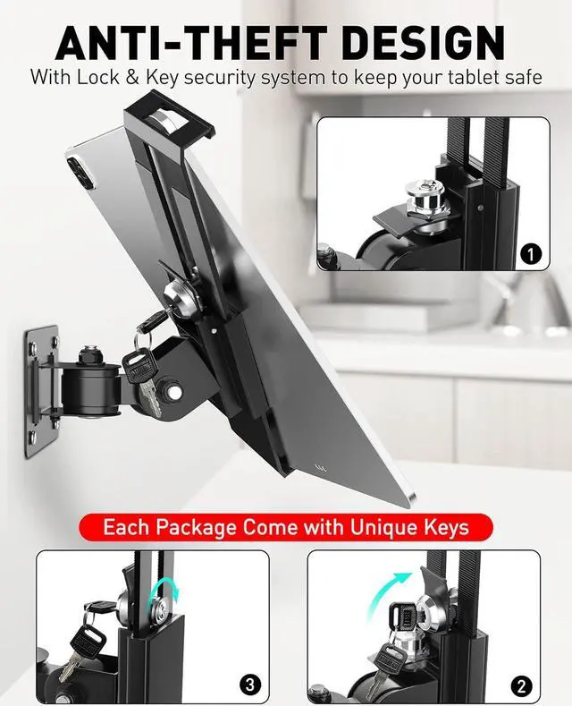 Alt view image 5 of 7 - Tablet Wall Mount - Fits 7 to 11 Inch Tablets Including iPad, Galaxy Tab, Slate, Fire and More-Anti Theft Security Lock and Key - Articulating Swivel Holder for Portrait and Landscape(Black)