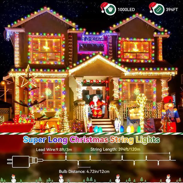 Alt view image 2 of 7 - Christmas Lights Outdoor, 394FT 1000LED Christmas Lights with 8 Modes and Timer Memory Function Christmas String Lights Waterproof Plug in for Xmas Tree Wedding Party Holiday Decor