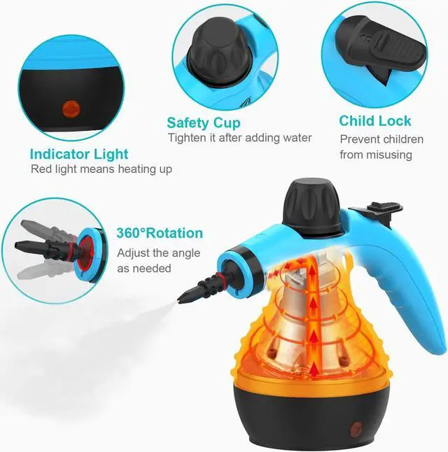 Alt view image 2 of 7 - Handheld Steam Cleaner, Multipurpose Portable Upholstery Steamer with Safety Lock and 9 Accessory Kit for Carpet, Couch, Clothes, Mattress, Car Seats, Kitchen, Floor Steamer Cleaning, Blue