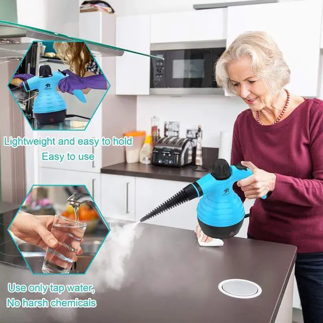 Alt view image 3 of 7 - Handheld Steam Cleaner, Multipurpose Portable Upholstery Steamer with Safety Lock and 9 Accessory Kit for Carpet, Couch, Clothes, Mattress, Car Seats, Kitchen, Floor Steamer Cleaning, Blue