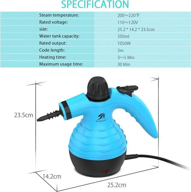 Alt view image 6 of 7 - Handheld Steam Cleaner, Multipurpose Portable Upholstery Steamer with Safety Lock and 9 Accessory Kit for Carpet, Couch, Clothes, Mattress, Car Seats, Kitchen, Floor Steamer Cleaning, Blue