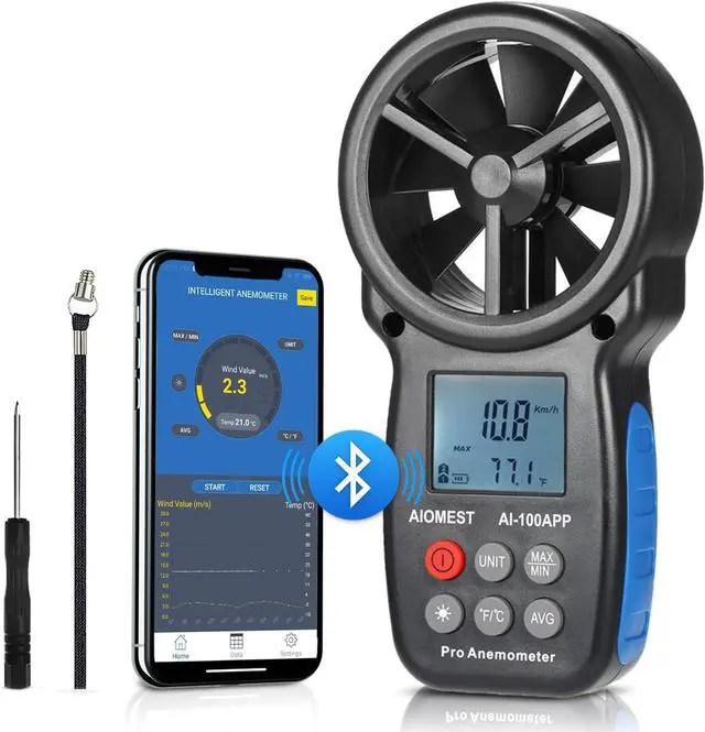Main image of Digital Anemometer AI-100APP Wind Speed Measuring Device Android/iPhone Compatible W/Data Logging for Air Flow Velocity Wind Temperature Wind Chill Gauge Tester