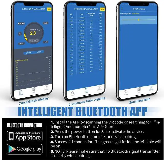 Alt view image 3 of 7 - Digital Anemometer AI-100APP Wind Speed Measuring Device Android/iPhone Compatible W/Data Logging for Air Flow Velocity Wind Temperature Wind Chill Gauge Tester