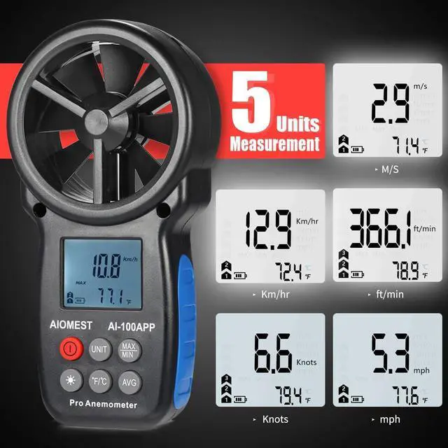 Alt view image 2 of 7 - Digital Anemometer AI-100APP Wind Speed Measuring Device Android/iPhone Compatible W/Data Logging for Air Flow Velocity Wind Temperature Wind Chill Gauge Tester