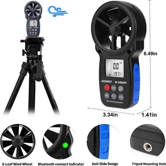 Alt view image 6 of 7 - Digital Anemometer AI-100APP Wind Speed Measuring Device Android/iPhone Compatible W/Data Logging for Air Flow Velocity Wind Temperature Wind Chill Gauge Tester