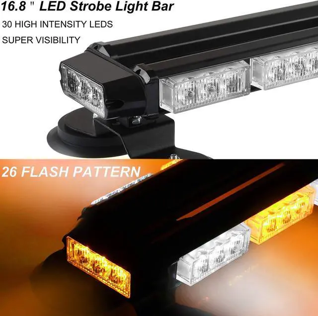 Alt view image 2 of 6 - 16.8 Inch LED Strobe Flashing Light Bar, 26 Flashing Modes High Intensity Emergency Hazard Warning Beacon Lights with Magnetic Base for Car Trucks Trailer Roof Safety (Amber White Amber White)