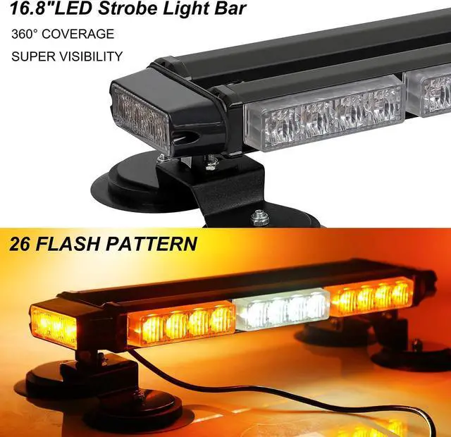 Alt view image 2 of 6 - 16.8 Inch LED Strobe Flashing Light Bar, 26 Flashing Modes High Intensity Emergency Hazard Warning Beacon Lights with Magnetic Base for Car Trucks Trailer Roof Safety (Amber White Amber)