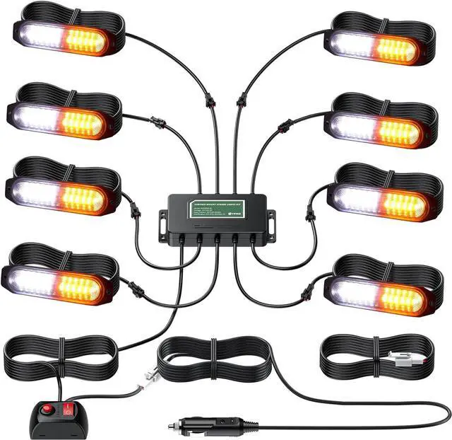 Main image of LED Surface Mount Strobe Lights Kit,White Amber Flashing Car Truck Strobe Lights,8pcs Surface Mount Emergency Warning Flashing Strobe Lights,30 Strobe Mode,Memory Function,12V,24V,Waterproof