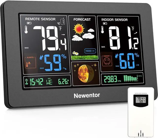 Main image of Weather Station Wireless Indoor Outdoor Thermometer, Color Display Digital Weather Thermometer with Atomic Clock, Barometric Pressure, Forecast Station with Adjustable Backlight, Black