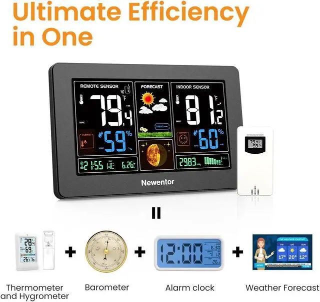Alt view image 4 of 6 - Weather Station Wireless Indoor Outdoor Thermometer, Color Display Digital Weather Thermometer with Atomic Clock, Barometric Pressure, Forecast Station with Adjustable Backlight, Black