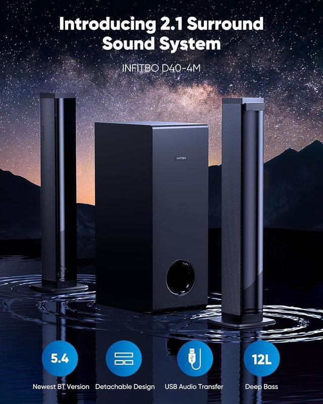 Alt view image 2 of 7 - Sound Bar for Smart TV 2.1CH 190W Peak Power Soundbar with Subwoofer Detachable 2-in-1 BT 5.4 Surround Sound System 12L Deep Bass for PC Game with HD-ARC/Opt/USB/AUX Home Theater