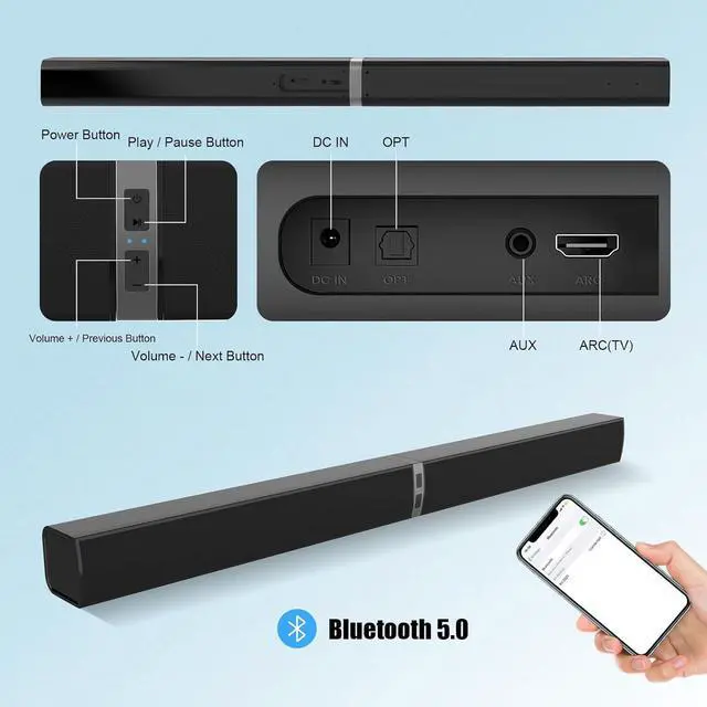 Alt view image 5 of 7 - TV Sound Bar, 60W Sound Bars for Smart TV, Bluetooth 5.0 Soundbar for TV, 31.5 Inch Wired & Wireless Detachable Sound Bar with ARC/Optical/AUX, Enhanced Home Theater Audio for Smart TV