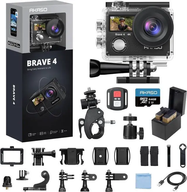 Main image of Brave 4 Action Camera 4K 30fps with 64GB MicroSD U3 Card Bicycle Helmet Accessories Kit Bundle, 20MP Ultra HD 131FT Waterproof Underwater Camera EIS WiFi Remote Control 5X Zoom Sport Cameras