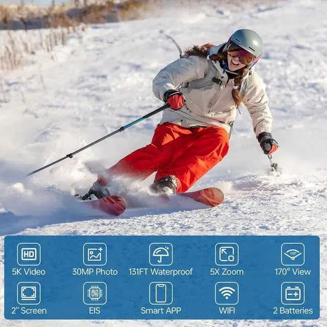 Alt view image 6 of 7 - Speed 10 Action Camera 5K 30FPS Waterproof Camera Underwater 131 FT with EIS, Remote Control Sports Camera 5X Zoom with 64GB Card, 2x1350mAh Battery