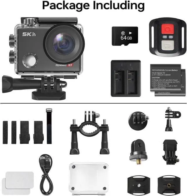 Alt view image 7 of 7 - Speed 10 Action Camera 5K 30FPS Waterproof Camera Underwater 131 FT with EIS, Remote Control Sports Camera 5X Zoom with 64GB Card, 2x1350mAh Battery