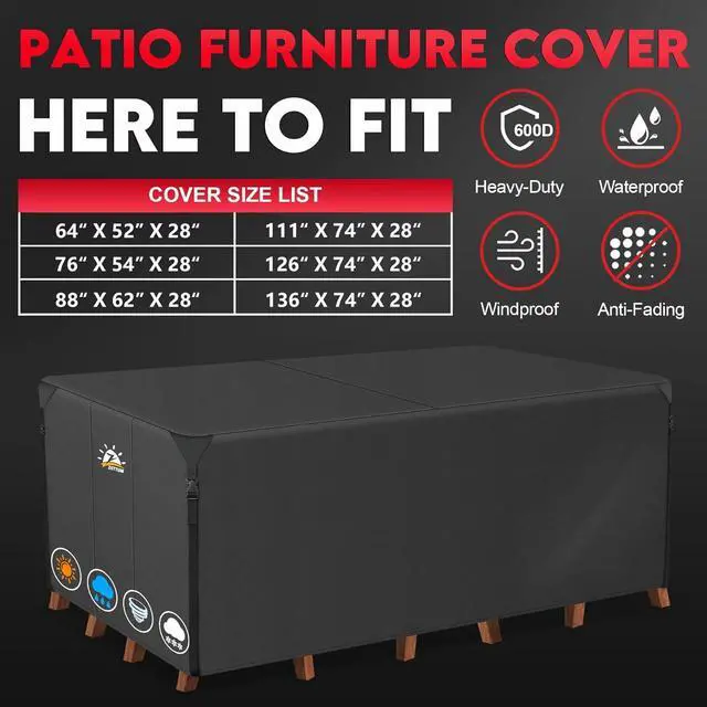 Alt view image 3 of 7 - Furniture Cover Rectangle - 600D Outdoor Table Cover Waterproof & Heavy Duty, Large Lawn Furniture Sofa Set Covers for Outside Dining Table and Chairs Seating Combo - 111 x 74 x 28 Inch