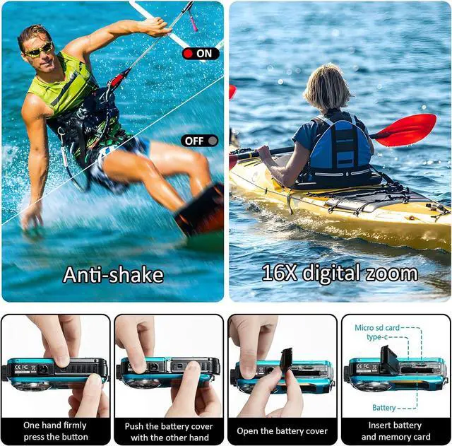 Alt view image 7 of 7 - 4K Underwater Camera 11FT Waterproof Camera with 32GB Card 56MP Autofocus Dual-Screen Selfie Underwater Camera for Snorkeling Waterproof Compact Floatable Digital Camera 1250mAh Battery Type-C (Blue)