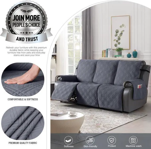 Alt view image 2 of 7 - Waterproof Recliner Sofa Cover Couch Cover for Reclining Couch 3 Seat Non-Slip Split Sofa Slipcover 3-Pieces with Straps, Washable Reclining Sofa Cover for Kids Pets(3 Seater, Dark Grey)