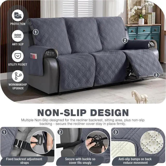 Alt view image 4 of 7 - Waterproof Recliner Sofa Cover Couch Cover for Reclining Couch 3 Seat Non-Slip Split Sofa Slipcover 3-Pieces with Straps, Washable Reclining Sofa Cover for Kids Pets(3 Seater, Dark Grey)