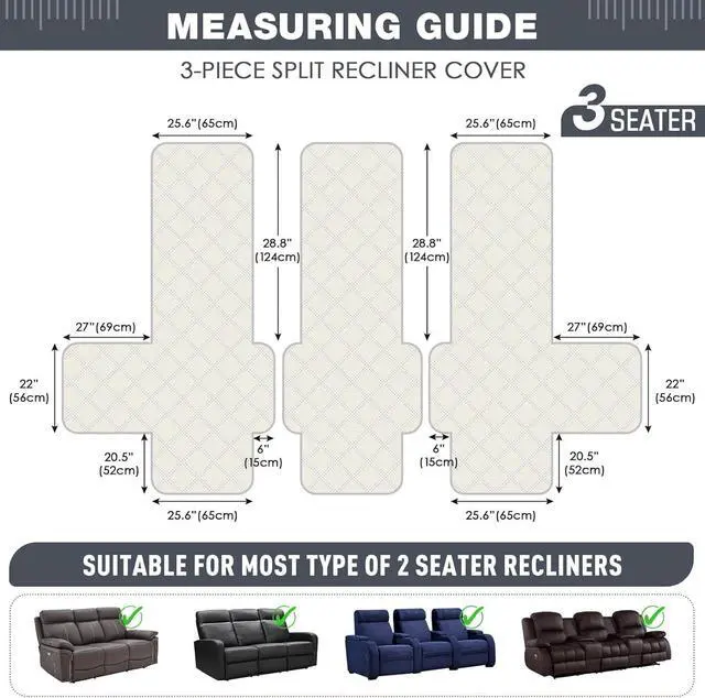 Alt view image 5 of 7 - Waterproof Recliner Sofa Cover Couch Cover for Reclining Couch 3 Seat Non-Slip Split Sofa Slipcover 3-Pieces with Straps, Washable Reclining Sofa Cover for Kids Pets(3 Seater, Dark Grey)