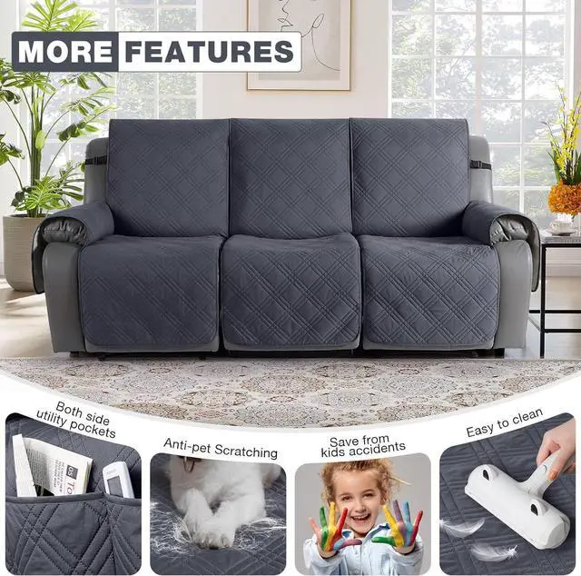 Alt view image 6 of 7 - Waterproof Recliner Sofa Cover Couch Cover for Reclining Couch 3 Seat Non-Slip Split Sofa Slipcover 3-Pieces with Straps, Washable Reclining Sofa Cover for Kids Pets(3 Seater, Dark Grey)