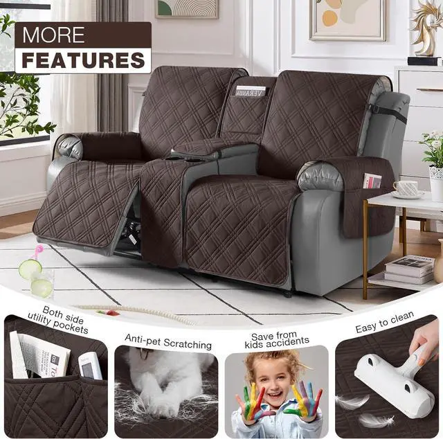 Alt view image 3 of 7 - Loveseat Recliner Cover with Center Console, 100% Waterproof Pet Cover for Dual Recliner with Straps Design, Split Reclining Loveseat Cover Furniture Pet&Kids Protector (2 Seater, Chocolate)