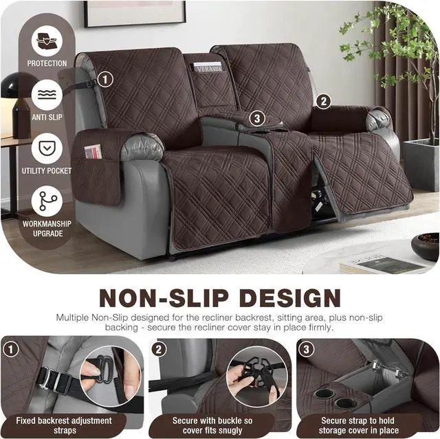 Alt view image 4 of 7 - Loveseat Recliner Cover with Center Console, 100% Waterproof Pet Cover for Dual Recliner with Straps Design, Split Reclining Loveseat Cover Furniture Pet&Kids Protector (2 Seater, Chocolate)
