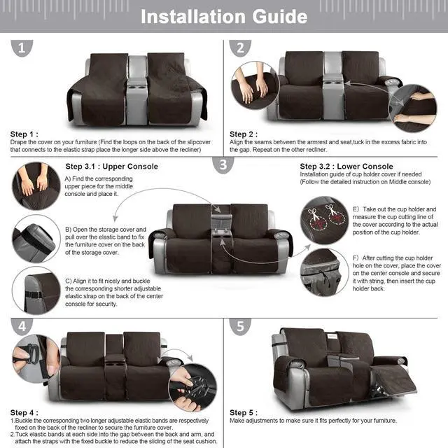 Alt view image 6 of 7 - Loveseat Recliner Cover with Center Console, 100% Waterproof Pet Cover for Dual Recliner with Straps Design, Split Reclining Loveseat Cover Furniture Pet&Kids Protector (2 Seater, Chocolate)