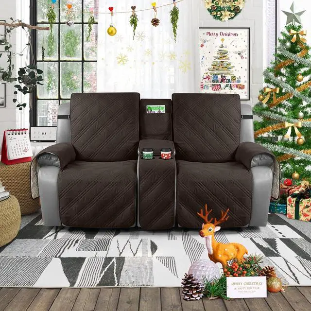 Alt view image 7 of 7 - Loveseat Recliner Cover with Center Console, 100% Waterproof Pet Cover for Dual Recliner with Straps Design, Split Reclining Loveseat Cover Furniture Pet&Kids Protector (2 Seater, Chocolate)