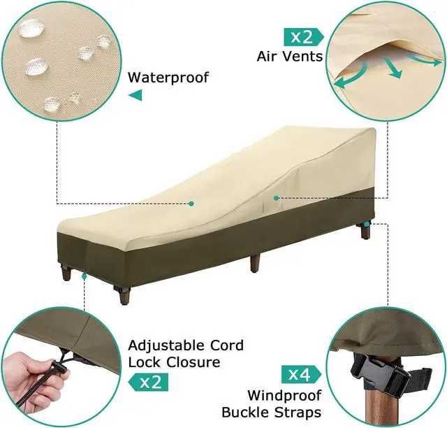 Alt view image 2 of 7 - Chaise Lounge Cover Outdoor Waterproof, 2 Pack Patio Lounge Chair Cover 600 D Heavy Duty, UV & Rip & Fade Resistant, All Weather Protection, 80W x 32D x 25H inch, Beige & Olive