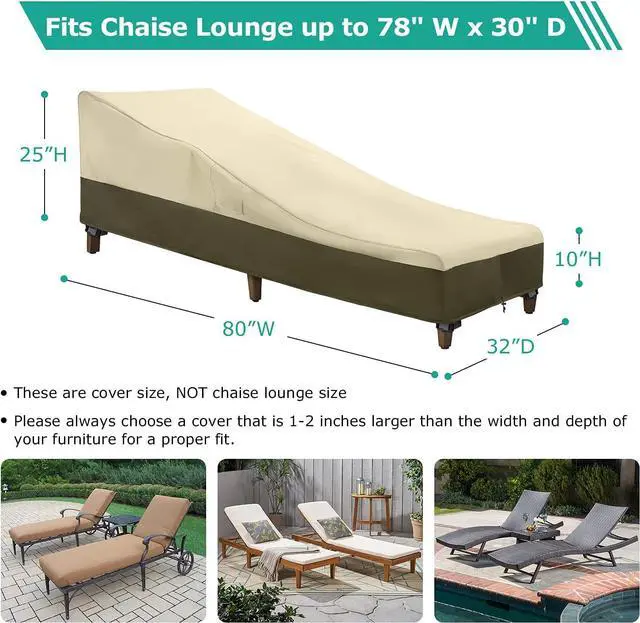 Alt view image 5 of 7 - Chaise Lounge Cover Outdoor Waterproof, 2 Pack Patio Lounge Chair Cover 600 D Heavy Duty, UV & Rip & Fade Resistant, All Weather Protection, 80W x 32D x 25H inch, Beige & Olive