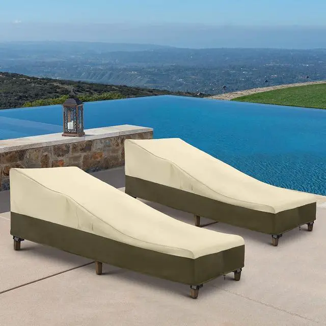 Alt view image 6 of 7 - Chaise Lounge Cover Outdoor Waterproof, 2 Pack Patio Lounge Chair Cover 600 D Heavy Duty, UV & Rip & Fade Resistant, All Weather Protection, 80W x 32D x 25H inch, Beige & Olive