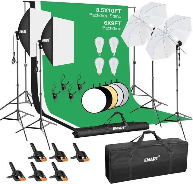 Main image of 8.5 x 10 ft Backdrop Support System, Professional Photography Lighting Kit with 50W LED Blub, Reflector, Backdrop *3, Umbrellas&Softbox Lighting Kit for Studio, Portrait and Video Shooting