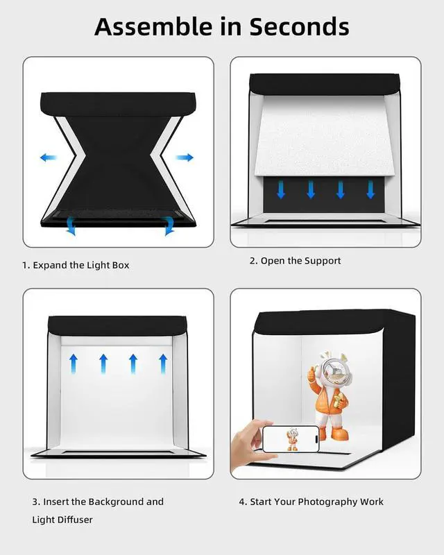 Alt view image 7 of 7 - Light Box Photography, 16"x16" Portable Photo Box Shooting Tent Kit with 2 Light Panels (204 LED Lights) & 6 Kinds Double-Sided Backgrounds for Jewelry and Product Photography