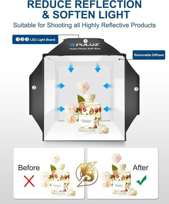 Alt view image 4 of 7 - 16''x16'' Photo Studio Light Box, Upgraded Photo Box Soft Box Integrated Portable Light Box Photography with Hight CRI 480 LED Lights & 4 Color Backdrops for Product Photography