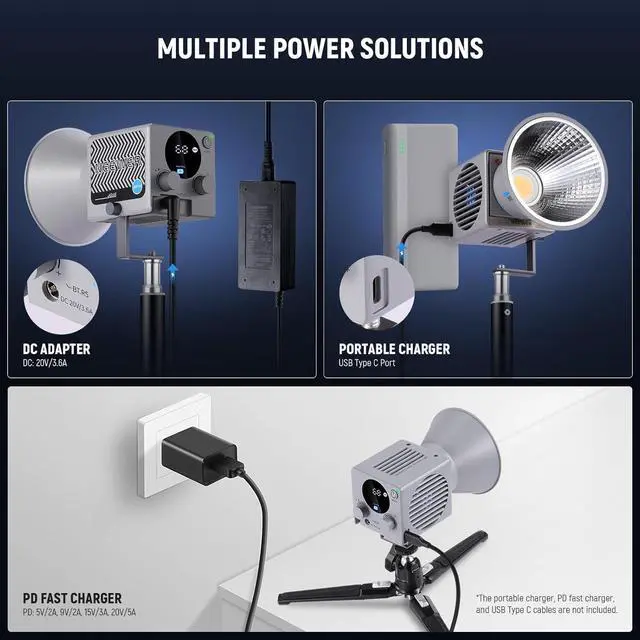 Alt view image 6 of 7 - HS60B Mini Video Light with App Control, 60W Handheld Portable Bi Color COB LED Continuous Output Lighting with 35000lux/1m 2700-6500K 0-100% PWM Dimming CRI/TLCI 97+ 12 Scenes USB Type C