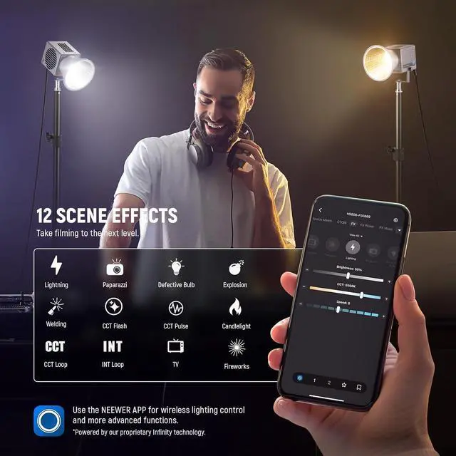 Alt view image 4 of 7 - HS60B Mini Video Light with App Control, 60W Handheld Portable Bi Color COB LED Continuous Output Lighting with 35000lux/1m 2700-6500K 0-100% PWM Dimming CRI/TLCI 97+ 12 Scenes USB Type C