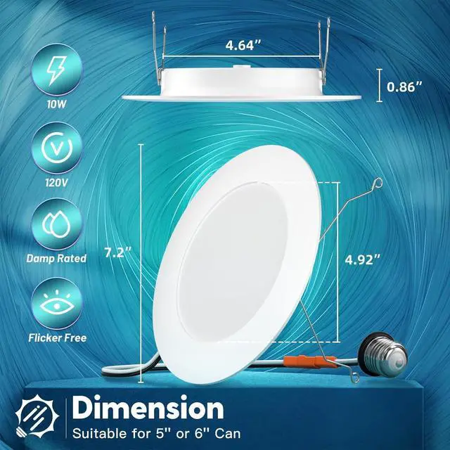 Alt view image 5 of 7 - 24 Pack Retrofit LED Recessed Lighting 6 Inch, Selectable 2700K/3000K/4000K/5000K/6000K, Dimmable Flat LED Can Lights, 10W=110W, 1000LM, IC & Damp Rated, ETL & FCC, White