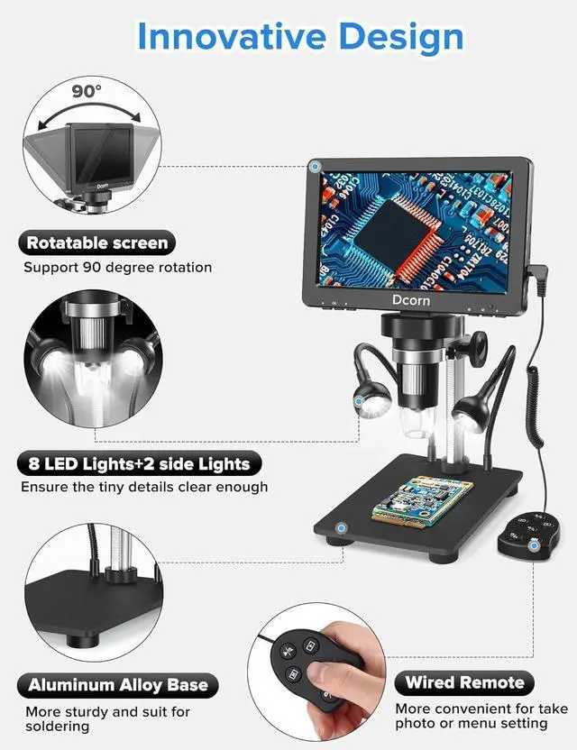 Alt view image 5 of 7 - 7'' Digital Microscope 1200X, 12MP 1080P Photo/Video Microscope for Adults Soldering Coins,Metal Stand,Wired Remote,10 LED Fill Lights,PC View,Windows/Mac - Black
